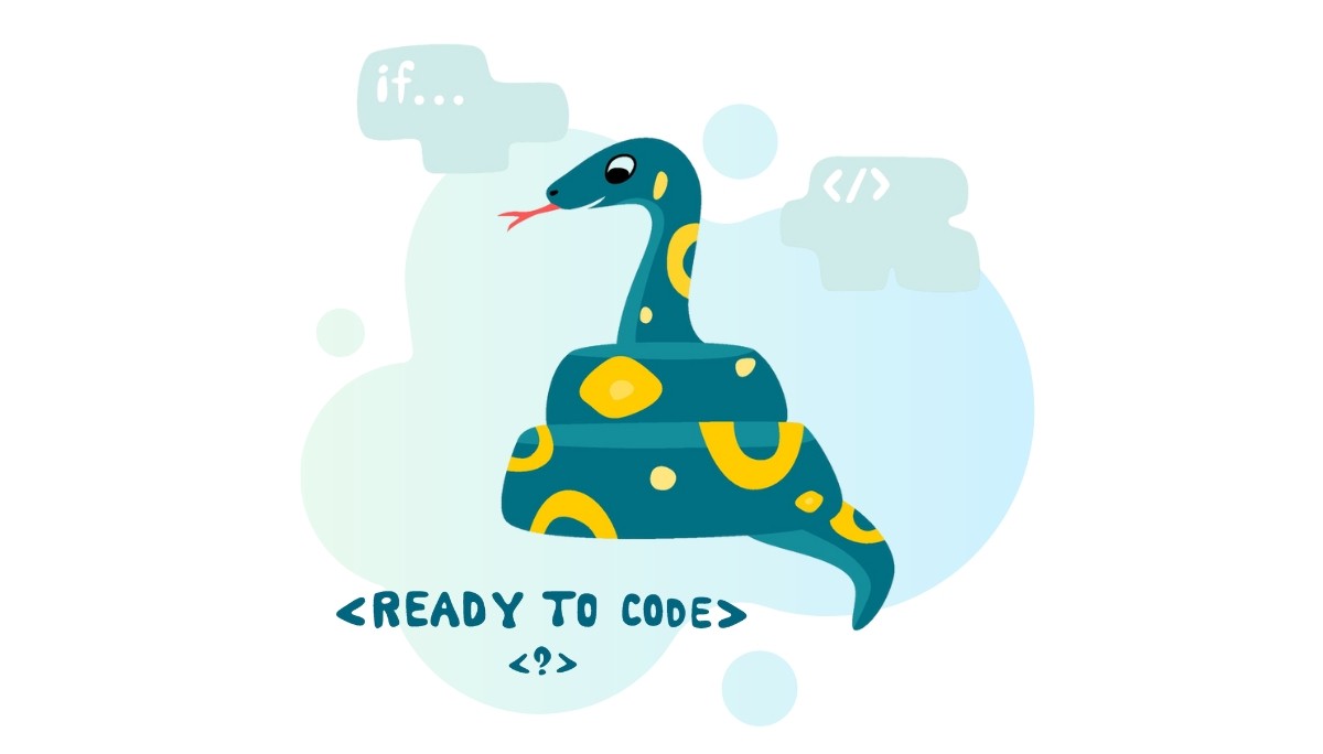 Illustration of a playful snake with coding icons like “if…” and “<>” speech bubbles, representing the question of whether you need a Python tutor to get started or advance in programming.
