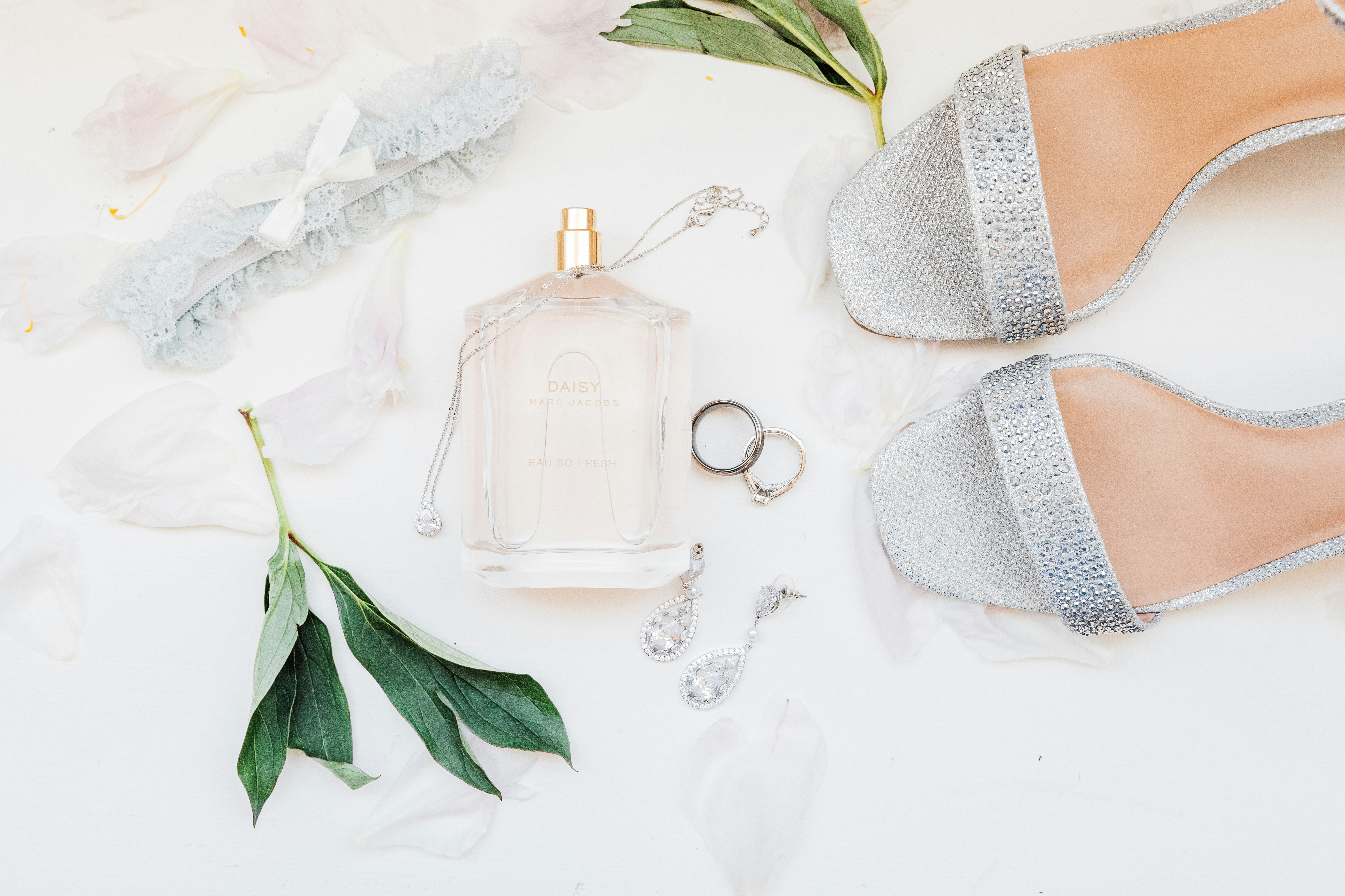 Bridal accessories laid out on a flat surface.