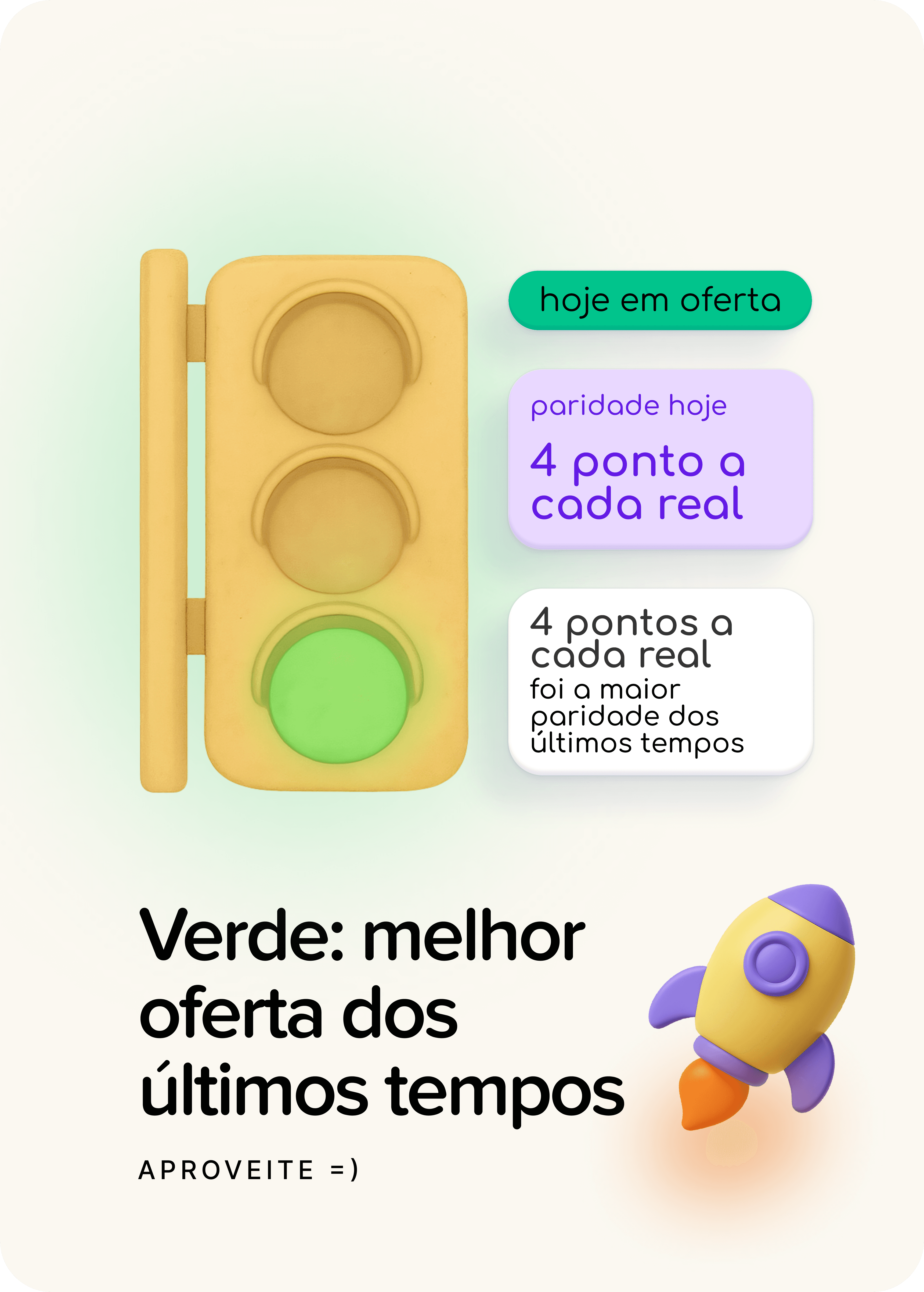 Semáforo com luz verde indicando a melhor promoção recente, com cartões mostrando paridade alta de pontos e um ícone de foguete 3D simbolizando a melhor oportunidade para acumular milhas hoje.