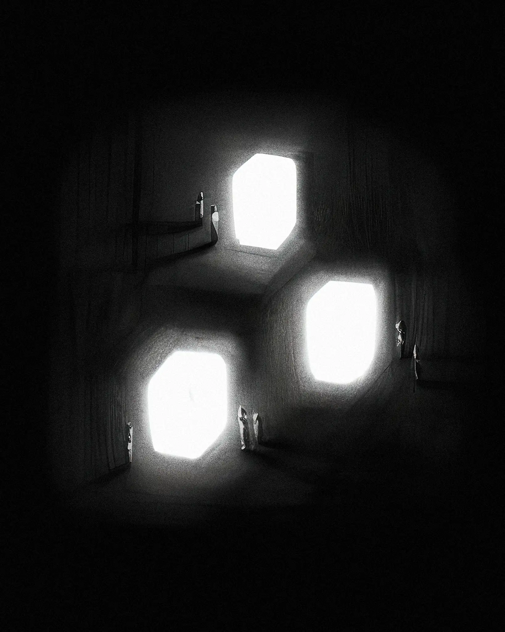"A visual study for Chernyi, where people gather around bright light inside a dark space. The idea was not about black as a color, but about the contrast between light and shadow."
