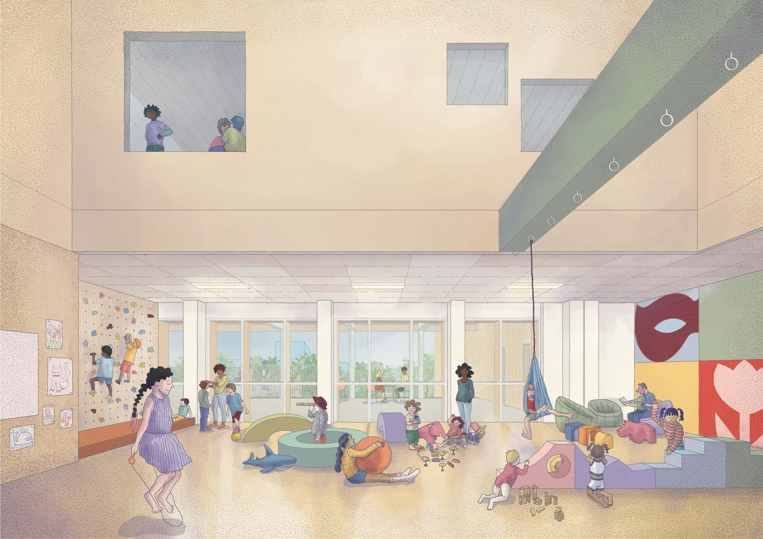 An airy, modern interior featuring people, large windows, and colorful decor, focused on interaction and community.