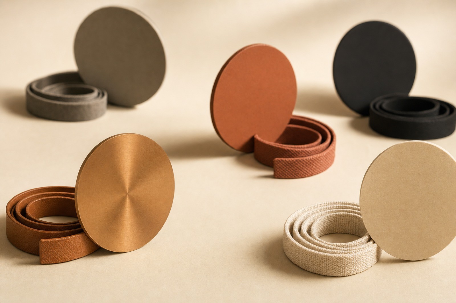 Circular dials in brass, terracotta and charcoal, each paired with a coiled band of matching fabric or leather