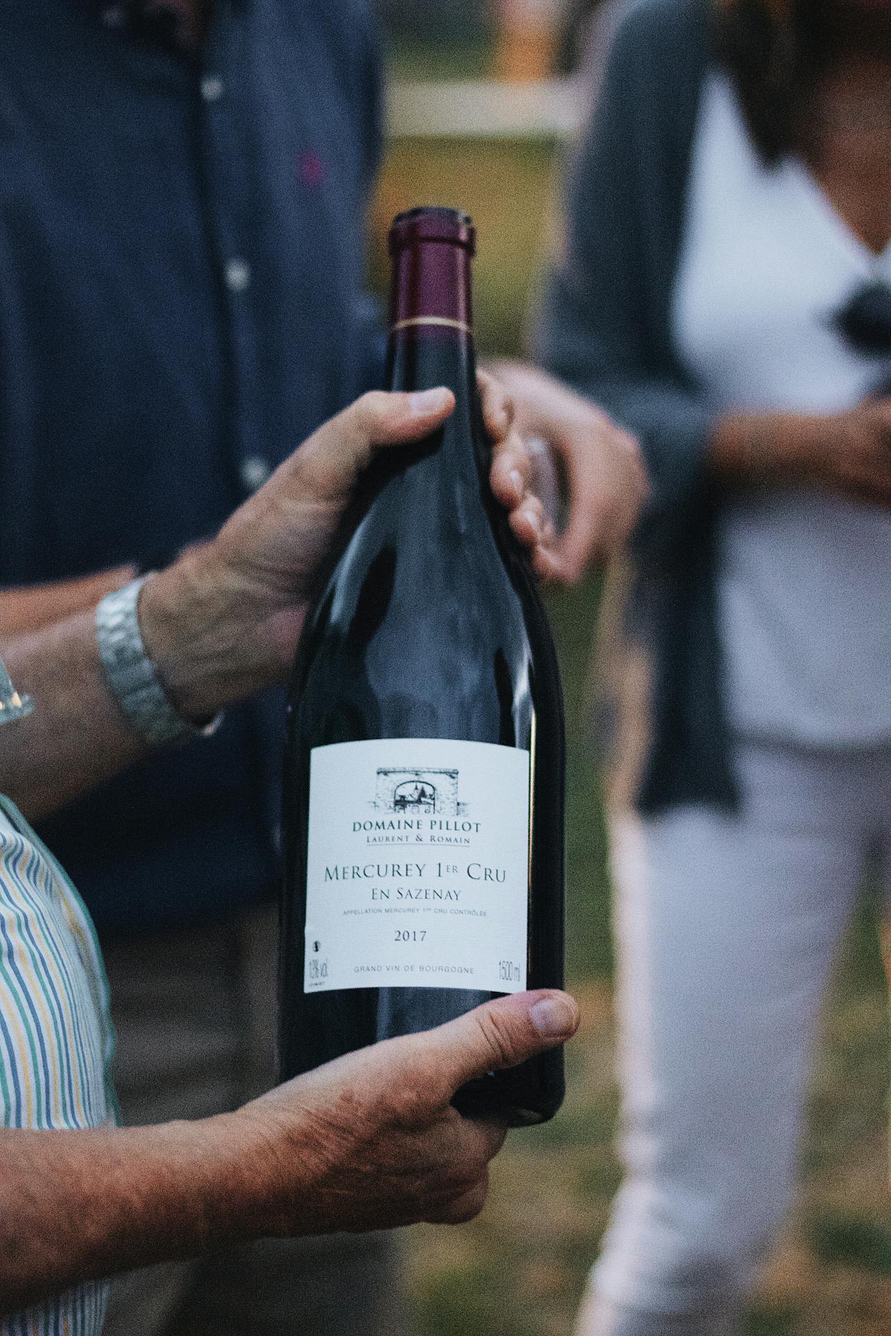 A man holding a bottle of red wine