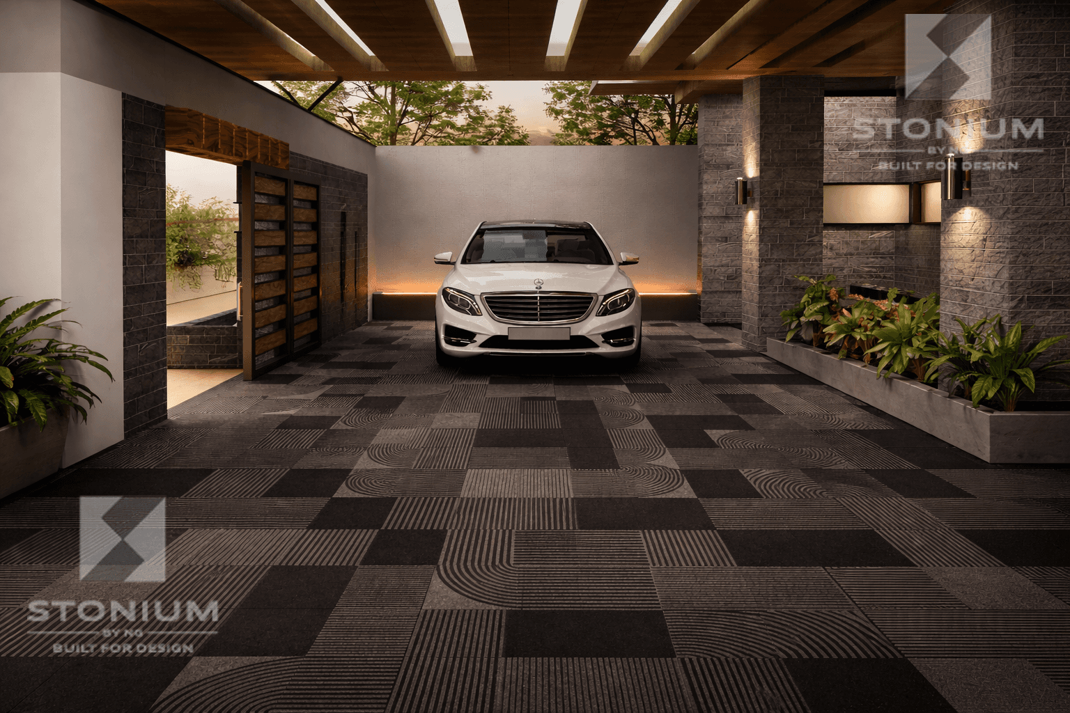 Gazelle stone paving installed in modern residential driveway with geometric patterned flooring