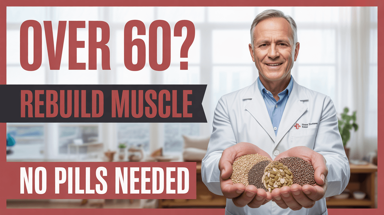 Doctor holding seeds beside Over 60 Rebuild Muscle No Pills Needed text on a bright clinic background