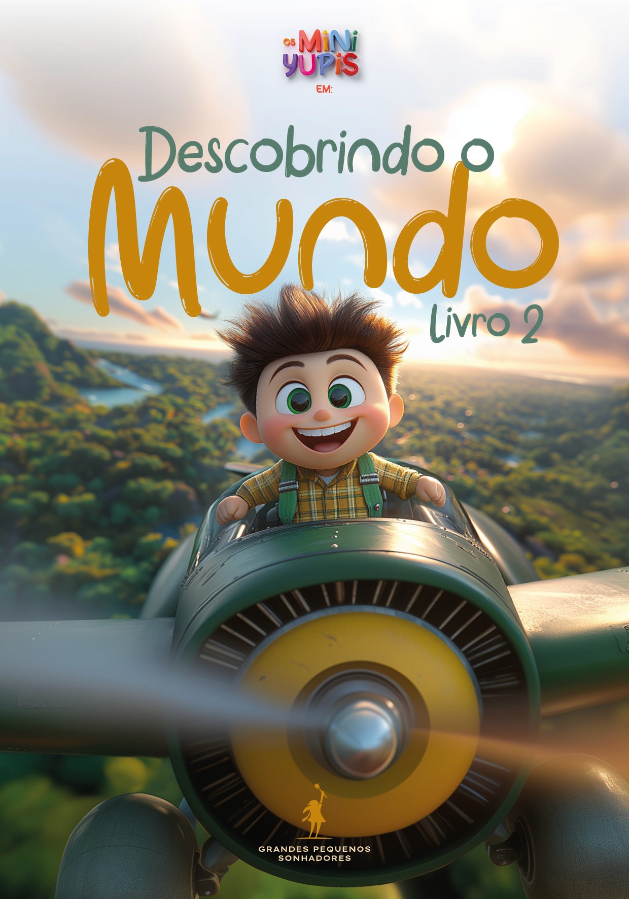 Ilustração de um menino sorridente, sentado em um avião verde, sobrevoando um cenário de floresta e montanhas ao fundo. O título diz: 'Descobrindo o Mundo - Livro 2'