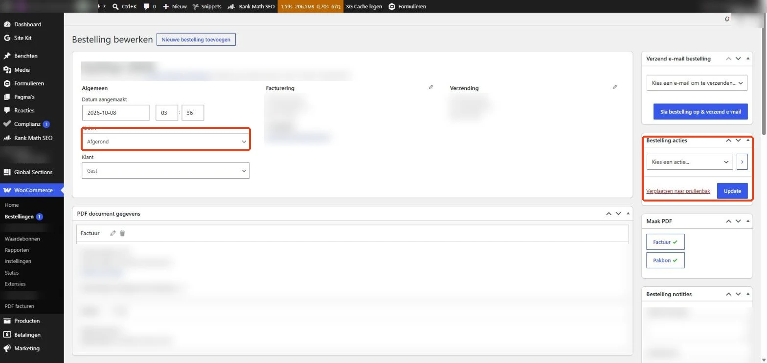 WooCommerce: een bestelling met het veld Status en het vak Bestelling acties