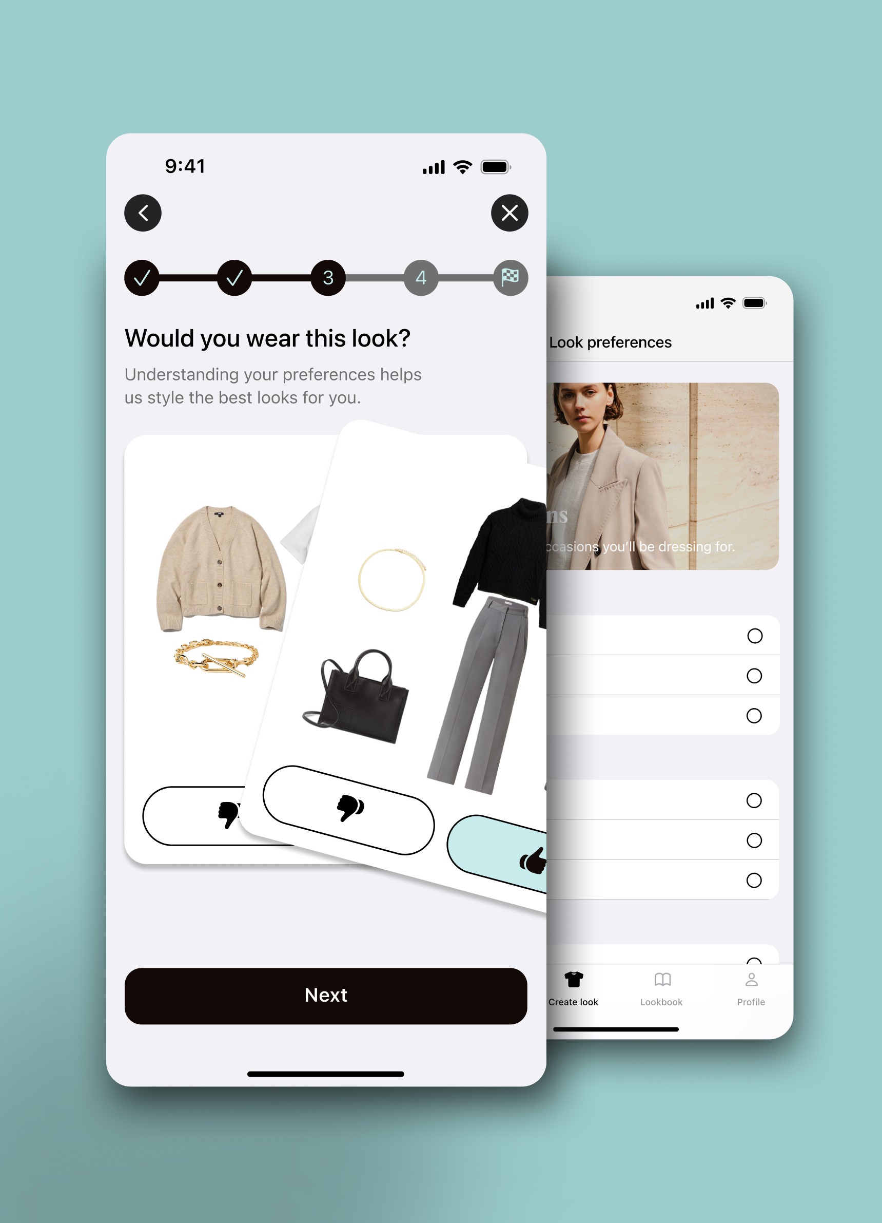 Interface design of the personalisation experience of the app