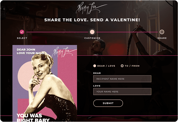 Screenshot of the share a valentine section of the Peggy Lee website