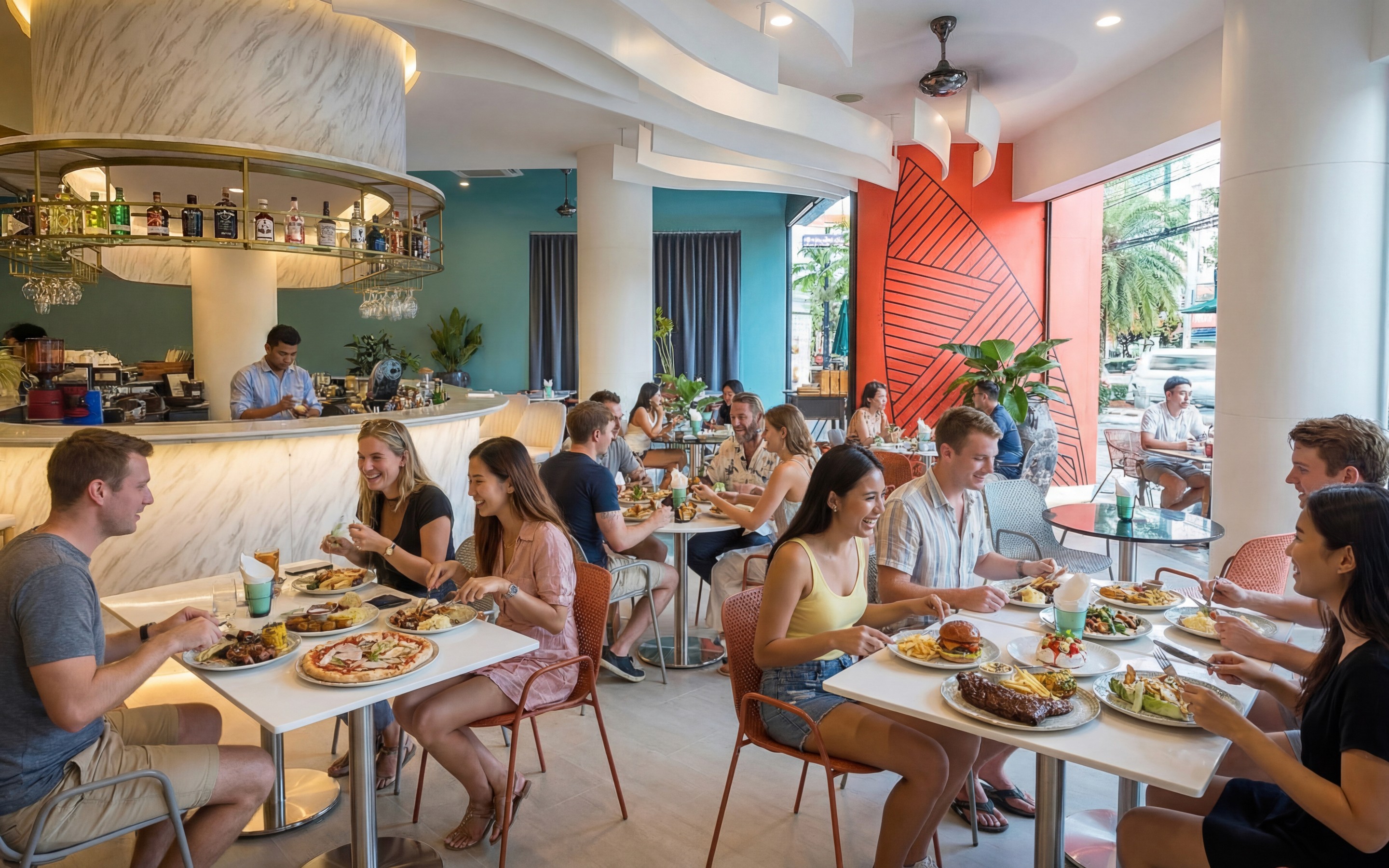 Modern restaurant interior in Krabi with people dining, talking, and eating at tables.