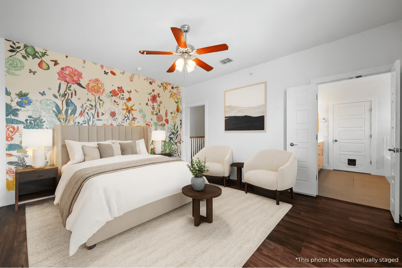 Virtually staged photo of the primary suite at 3904 Teaff St.