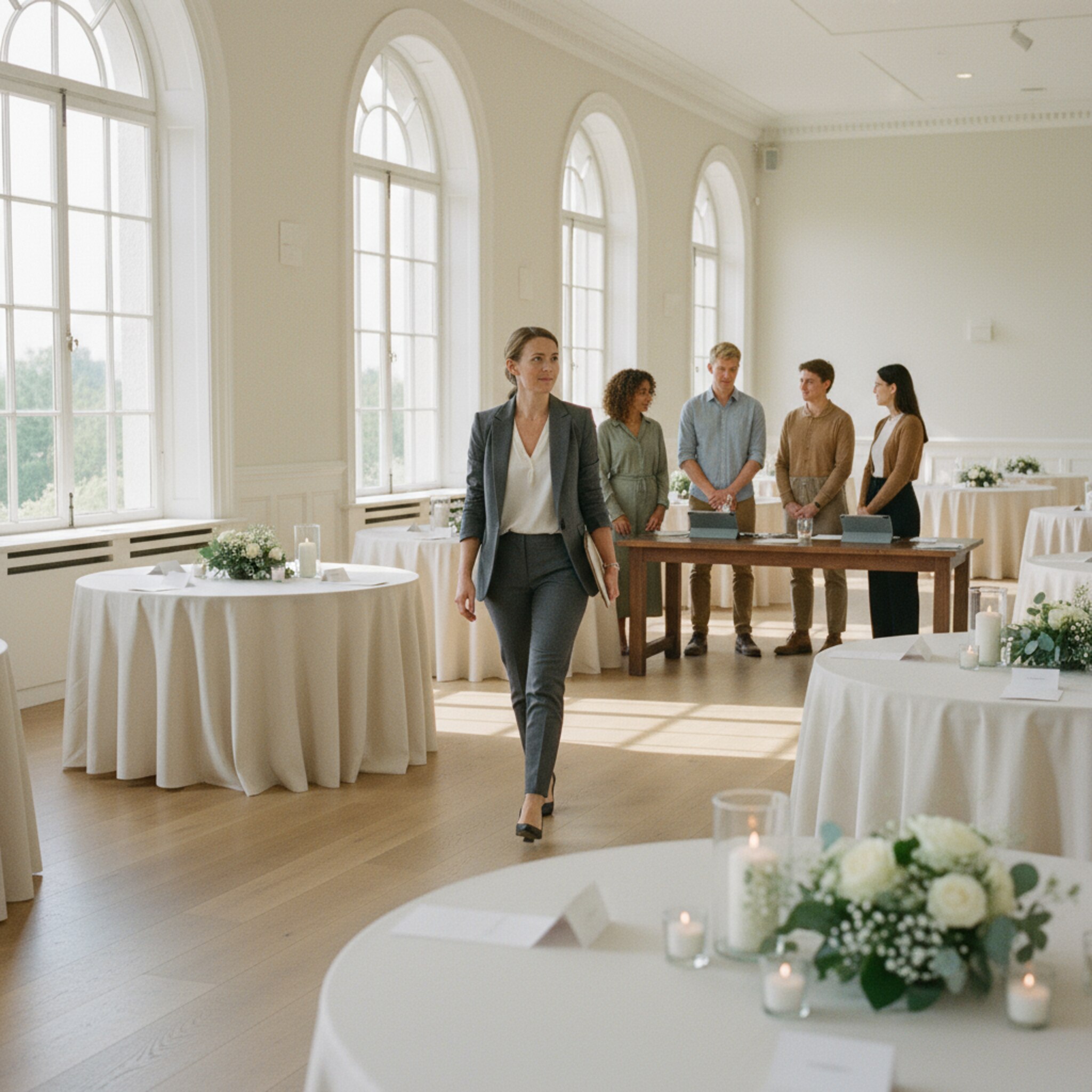 Eine Eventmanagerin führt durch einen hellen Saal, Tische sind maßvoll dekoriert, ein stilles Gefühl von Ordnung liegt im Raum. Ein kurzer Blickwechsel mit dem Team zeigt, dass alle Informationen bereitliegen. Die Atmosphäre wirkt klar, vorbereitet und einladend für eine Zusage.