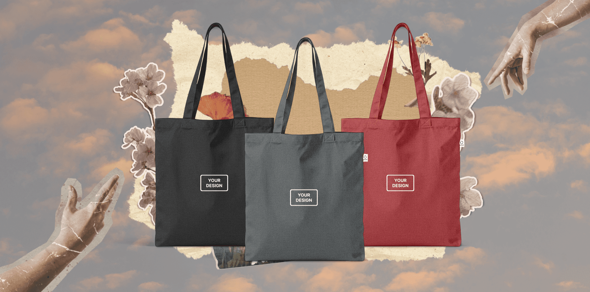 Custom branded tote bags in black, grey, and red displayed in a creative lifestyle collage with logo placement examples.
