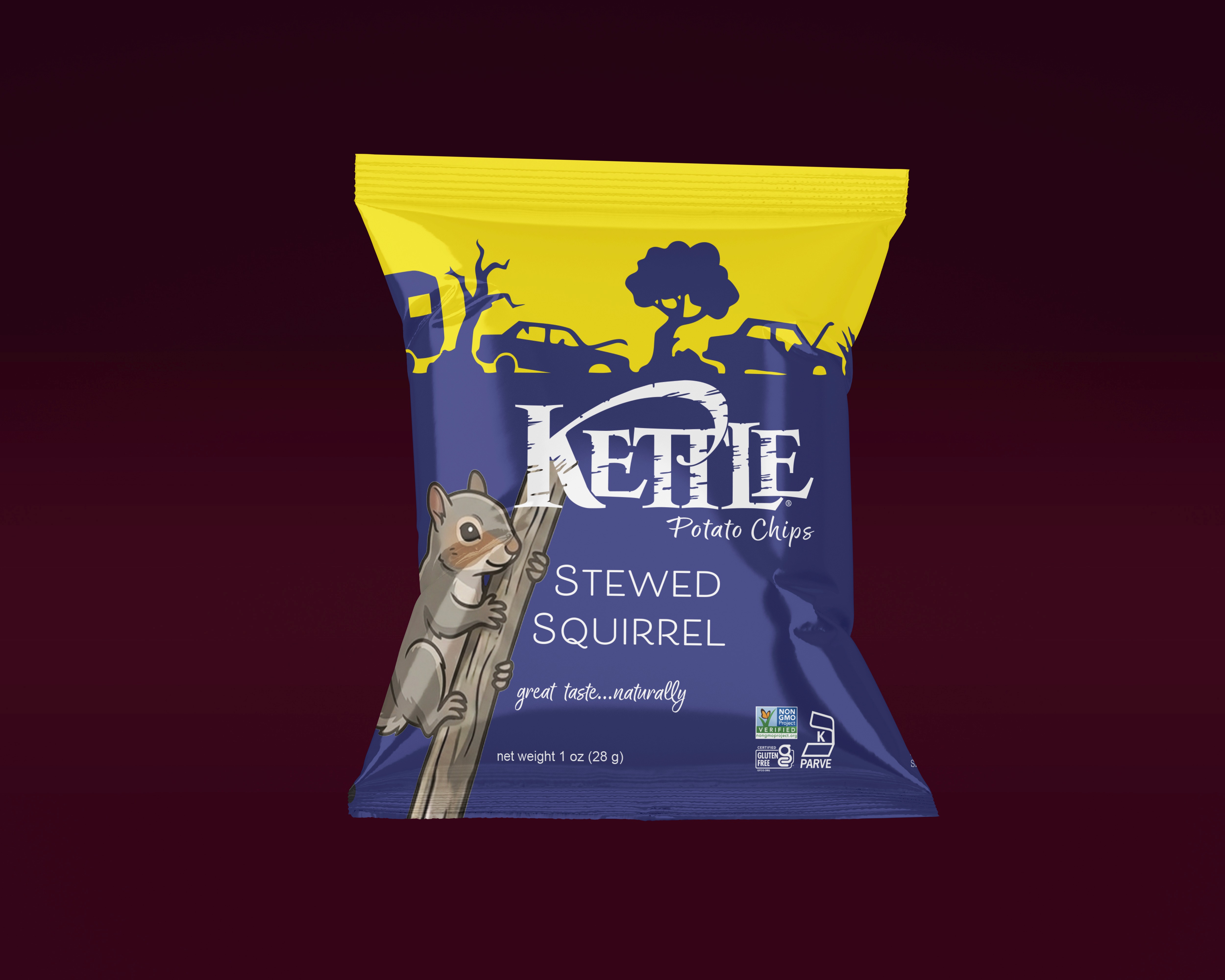 a bag of kettle chips flavored stewed squirrel