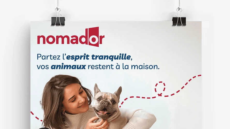 Harmonisation de l'identité visuelle et création de supports digitaux et print pour Nomador, plateforme française de home-sitting animalier