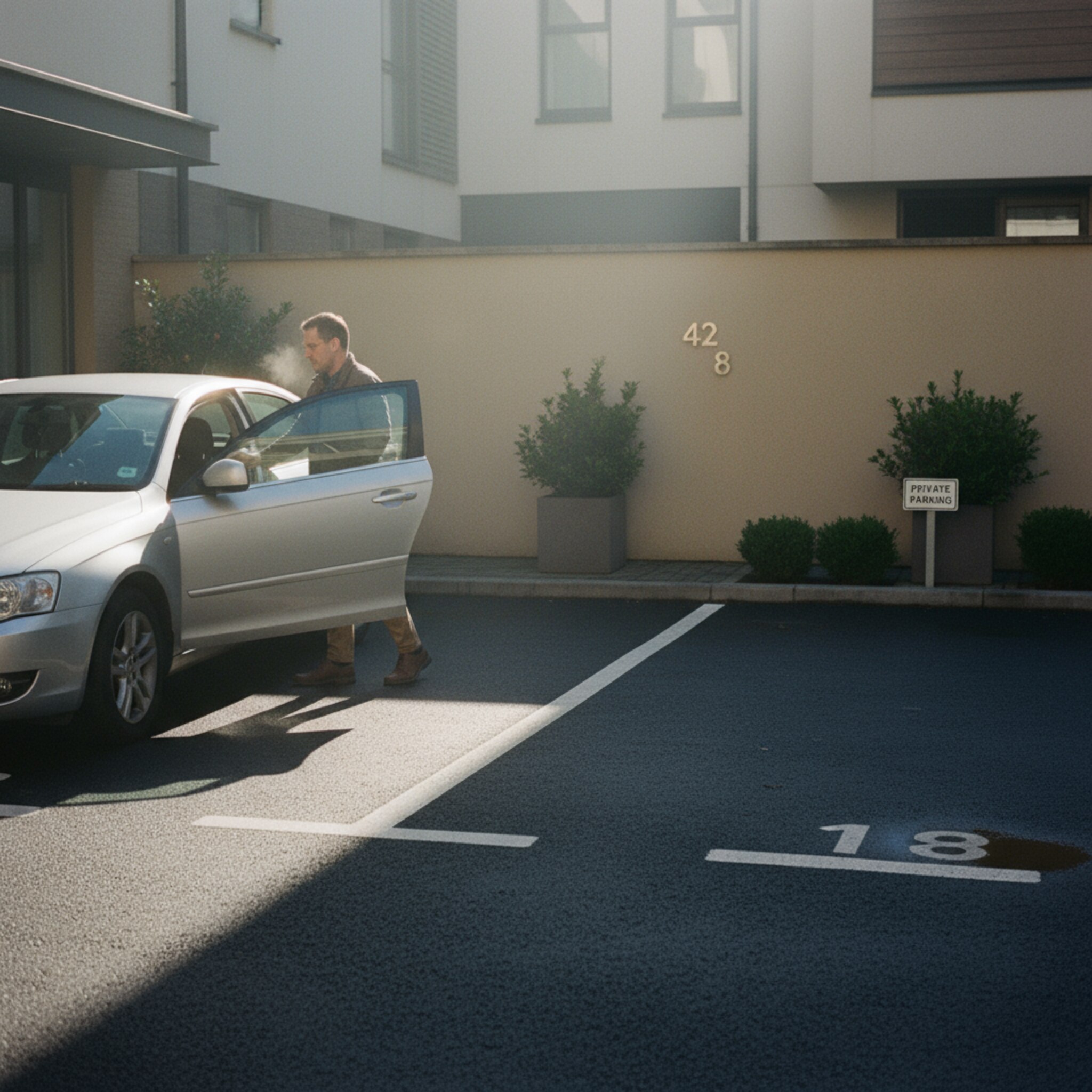 Sanftes Morgenlicht fällt auf eine ruhige Hofeinfahrt mit klar markierten Stellplätzen. Ein Bewohner steigt in sein Auto, der Platz nebenan bleibt frei und wirkt einladend. Dezente Hausnummern und ein schlichtes Schild strukturieren die Szene. Kühle Luft, lange Schatten, eine aufgeräumte Atmosphäre ohne Hektik.