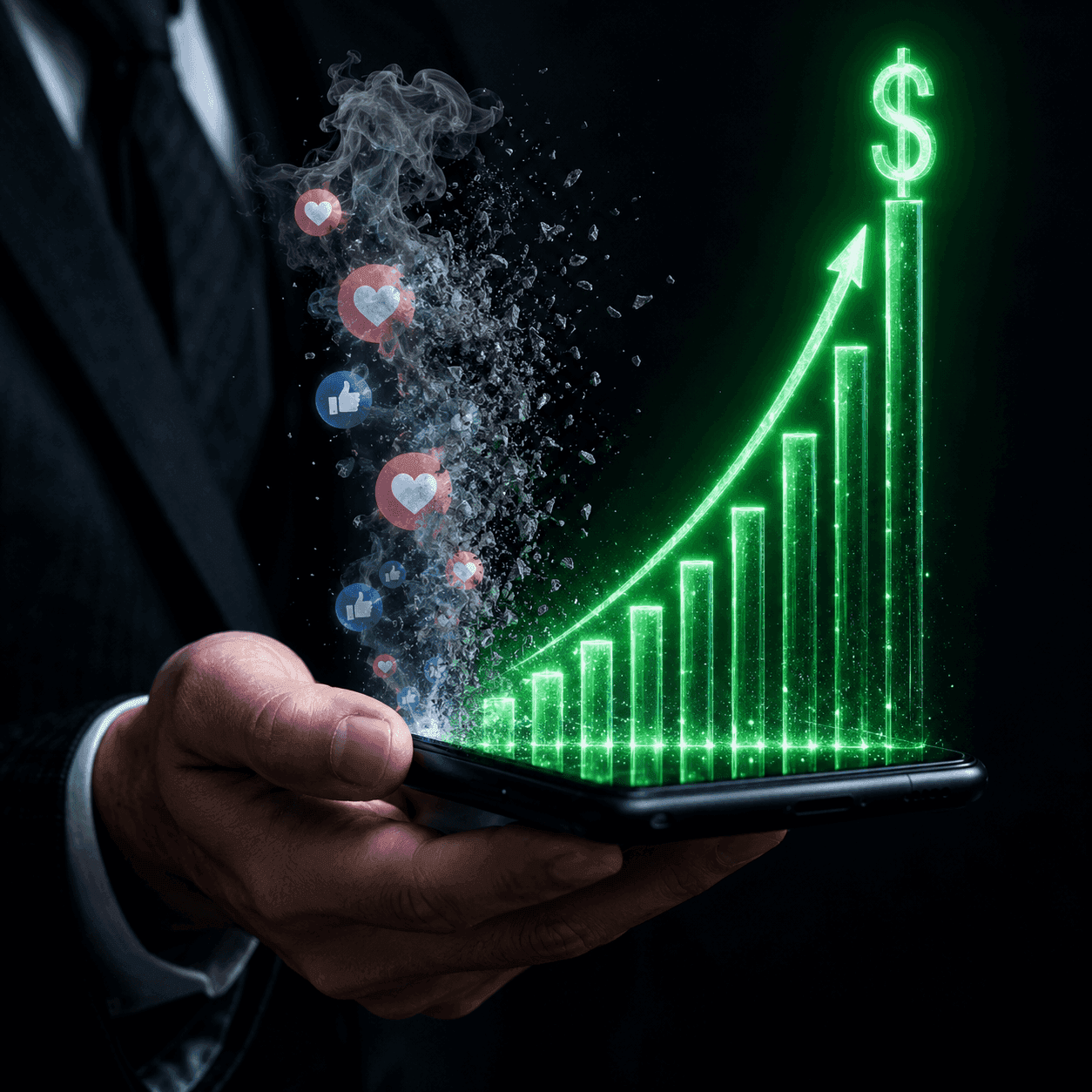 Close-up of a business professional holding a smartphone. On the left, holographic social media 'likes' and 'hearts' dissolve into grey smoke, representing the illusion of vanity metrics and wasted ad spend. On the right, a robust, glowing neon green bar chart trends sharply upwards ending in a dollar sign ($), symbolizing real revenue and business growth. This conceptual visual illustrates the importance of shifting marketing focus from surface-level engagement to actual, measurable ROI.