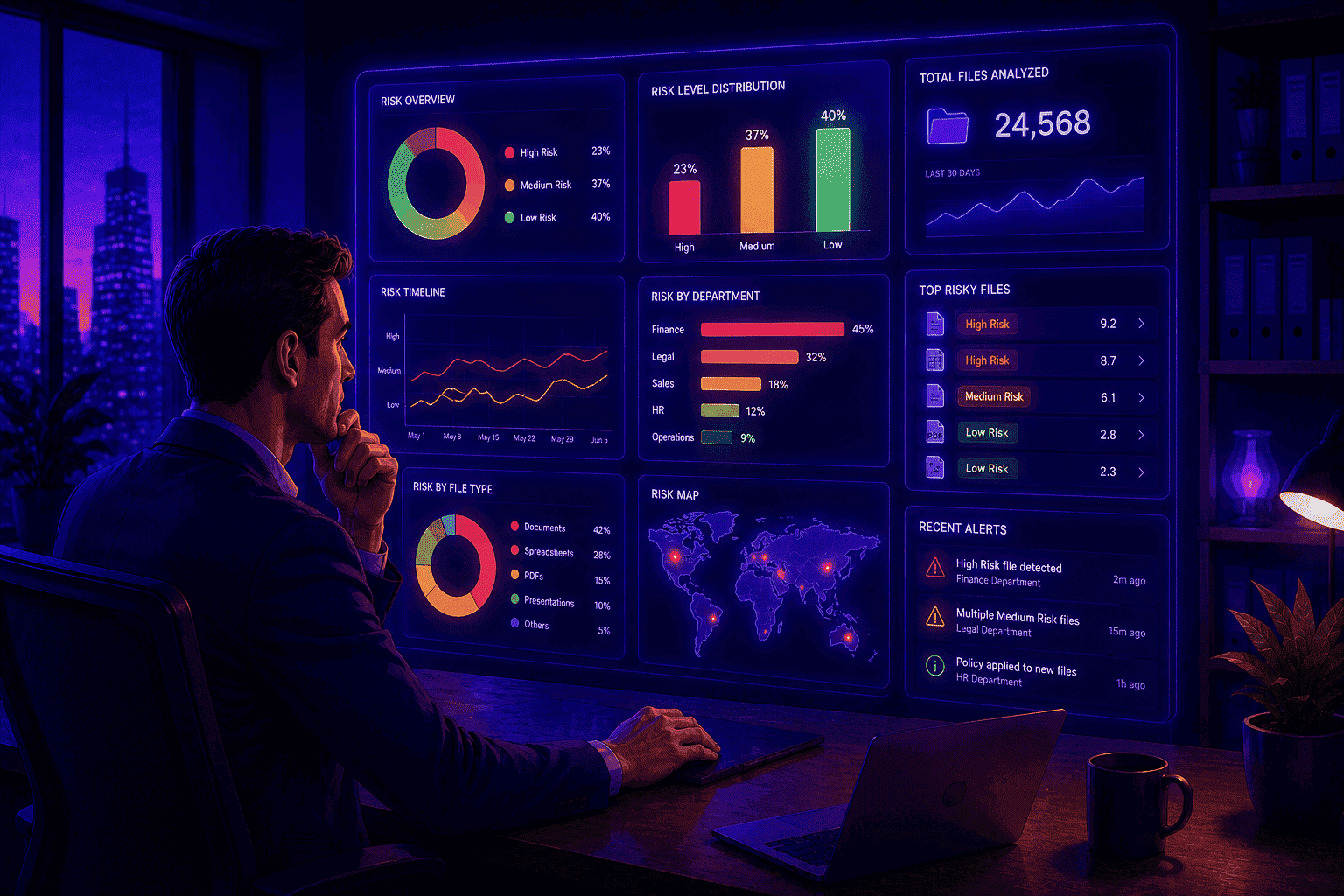 Manager analyzing a DLP dashboard with low, medium, and high file risk levels to gain complete visibility into organizational data exposure.