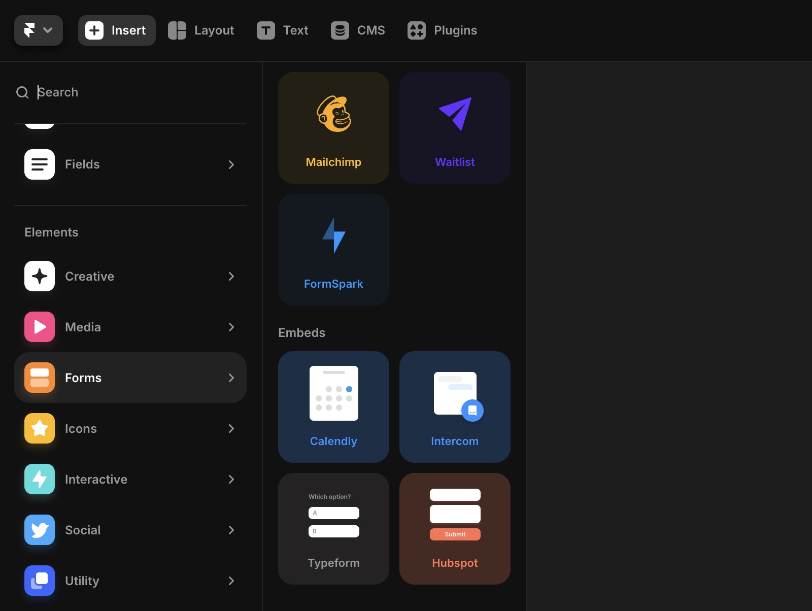 In Insert panel showing all the Forms components.