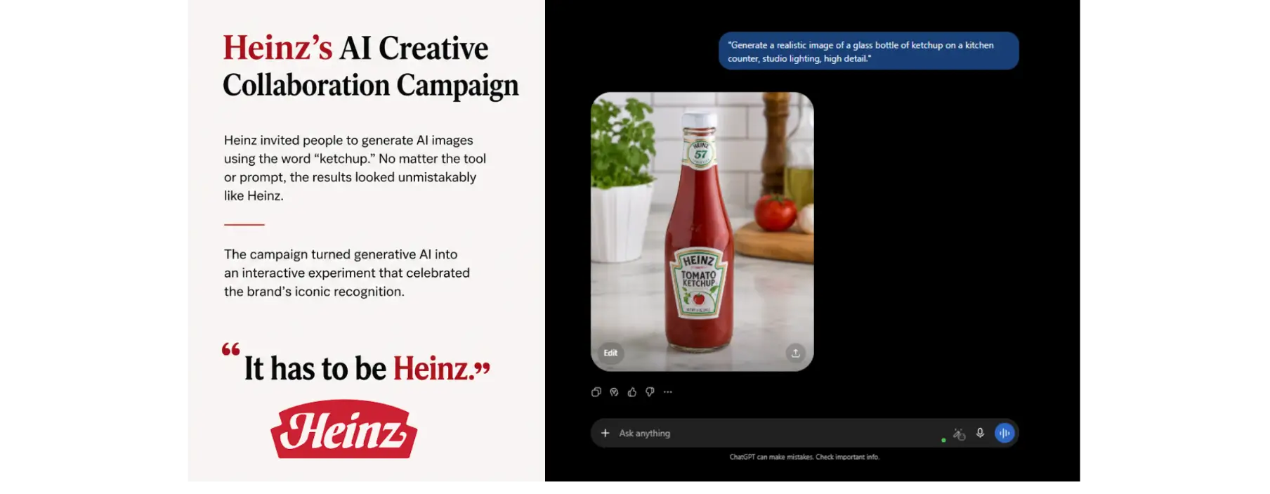 Heinz AI creative collaboration campaign where users generated ketchup images with AI, revealing the brand's strong visual recognition.