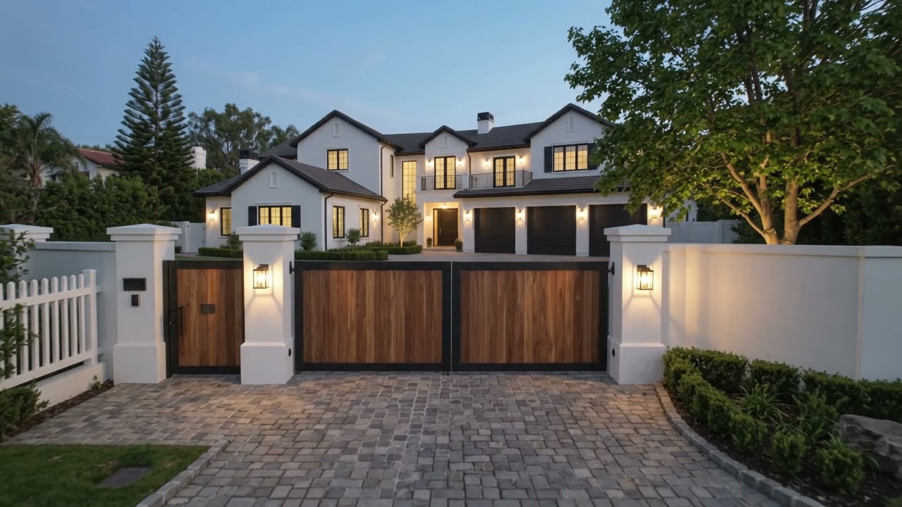 A paver driveway leading to wooden gates in front of an illuminated white house at dusk.