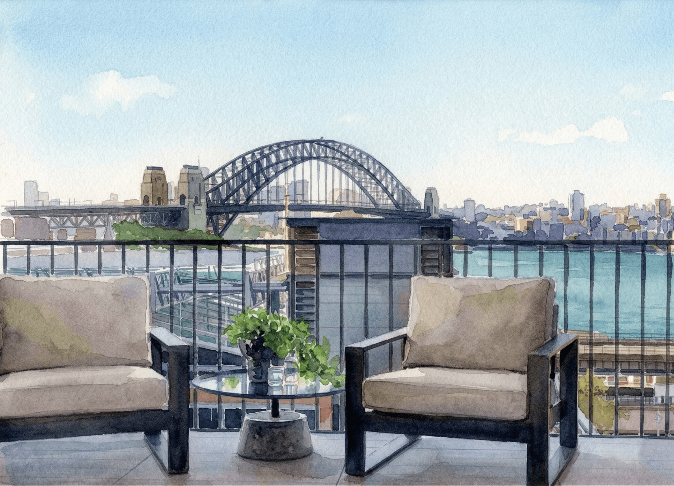 Watercolor painting of a balcony with outdoor chairs and table, overlooking the Sydney Harbour Bridge and city skyline.
