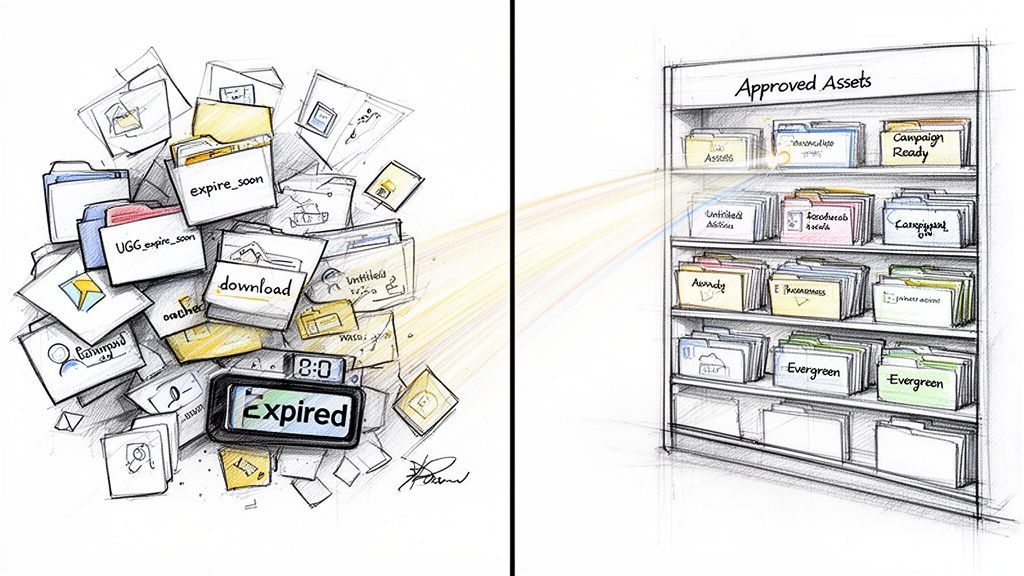 A digital illustration contrasting disorganized, expired file folders with an organized, clean shelf of approved assets.