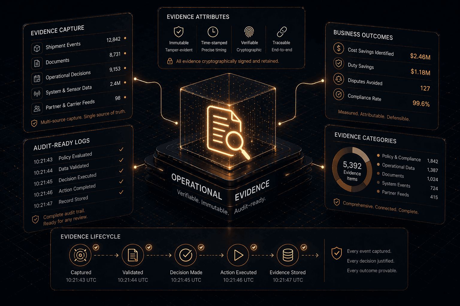 Abstract dark-mode evidence dashboard with a glowing central record hub connected to capture, audit-ready logs, evidence attributes, business outcomes, and lifecycle panels, representing operational evidence, verifiable records, and reviewable execution history.