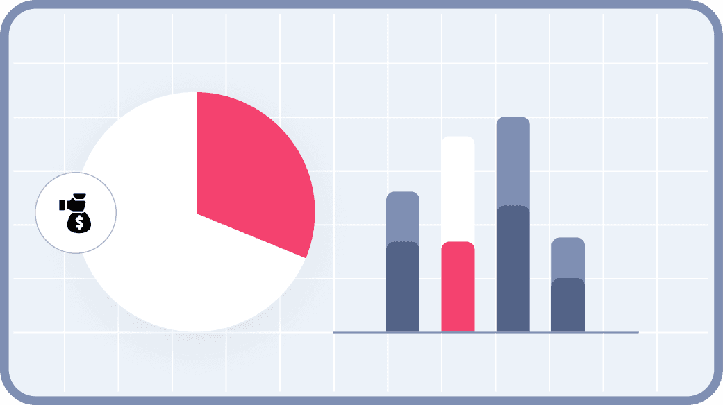 A digital illustration features a red and white pie chart alongside a multicolored bar graph against a light blue grid background, highlighting data visualization and financial analysis concepts.