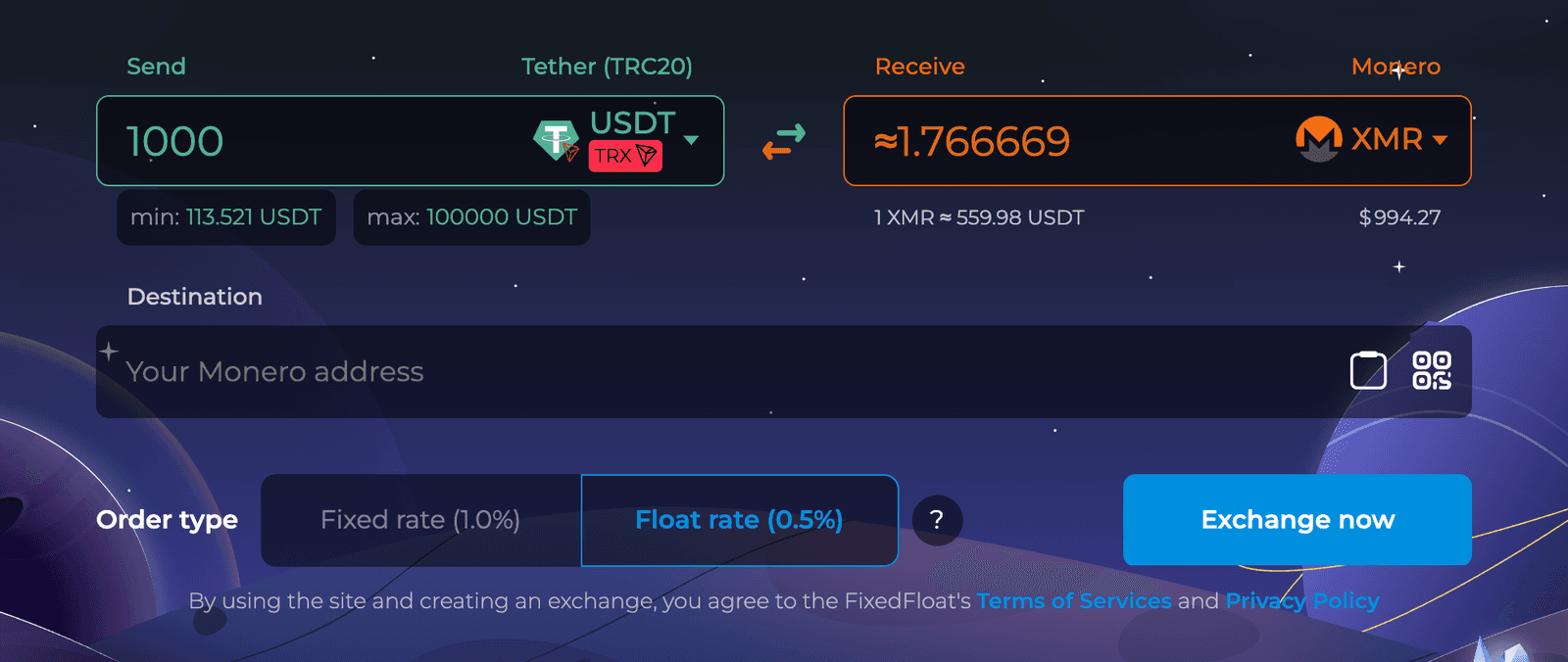 FixedFloat form: 1,000 USDT TRC-20 to about 1.766669 XMR at a float rate, minimum 113.521 USDT, maximum 100,000 USDT