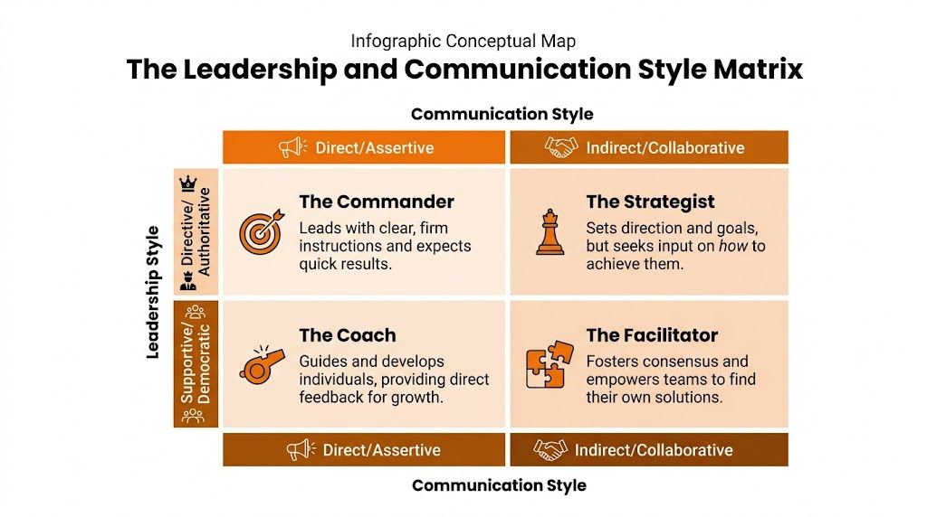 A conceptual matrix infographic illustrating four leadership and communication styles: The Commander, The Strategist, The Coach, and The Facilitator.
