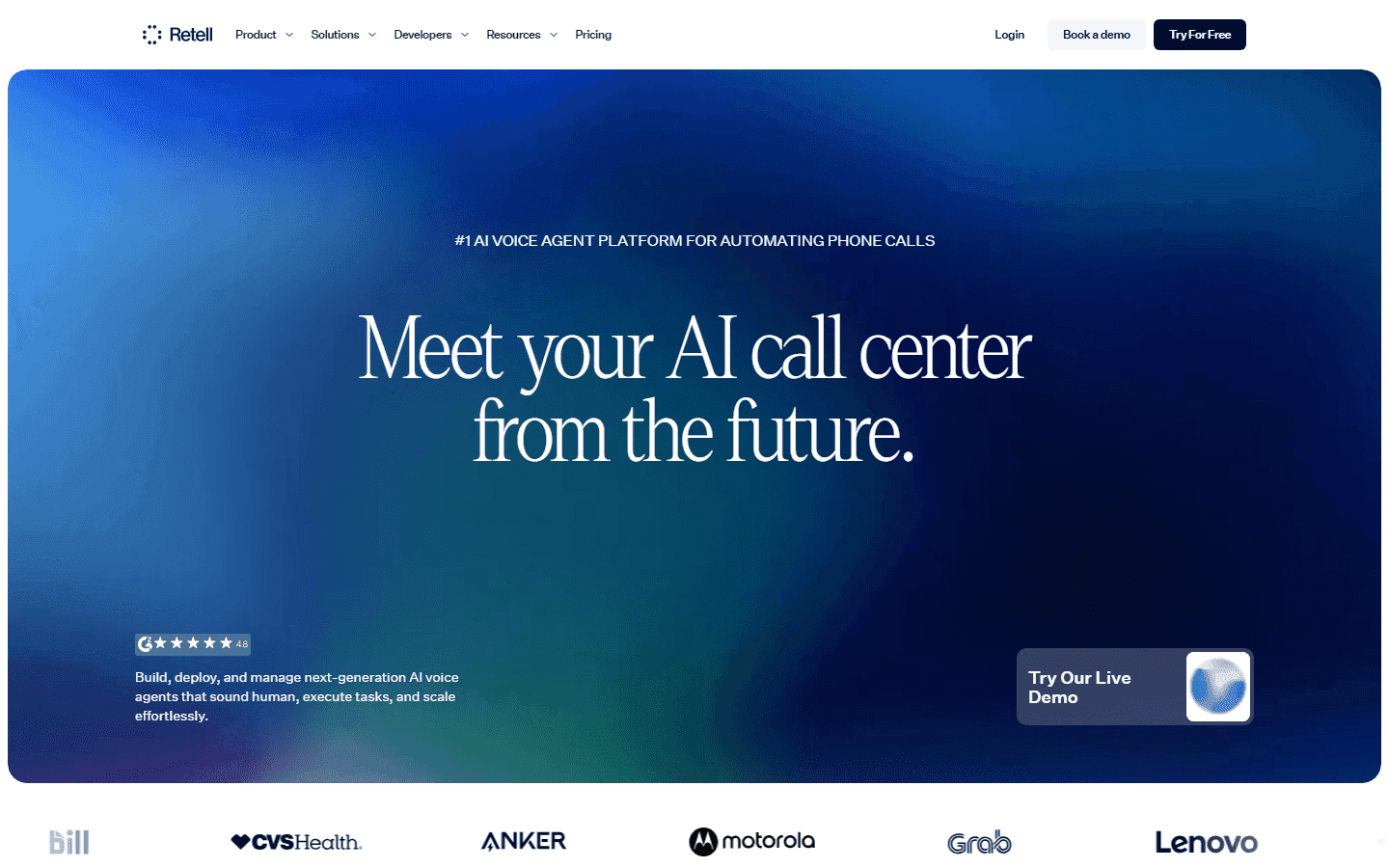 The Retell AI homepage, headlined "Meet your AI call center from the future."