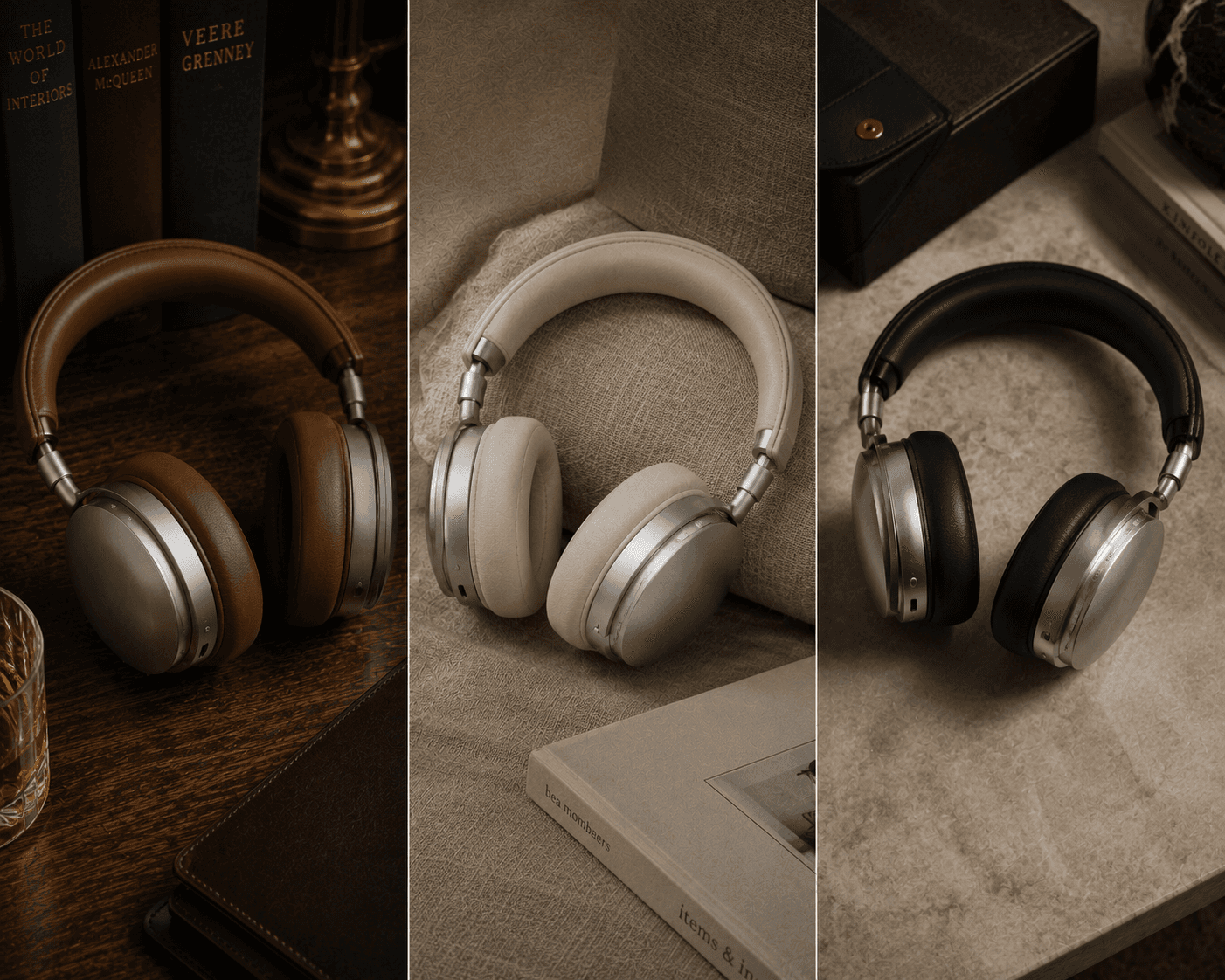 A three-panel collage showcasing over-ear wireless headphones with metallic silver earcups in three color options. The left panel shows the brown leather model resting on a polished dark wood desk next to leather-bound books. The middle panel features the cream/beige leather model lying on a soft textured linen surface beside an art book. The right panel displays the sleek black leather model resting on a light marble table top.