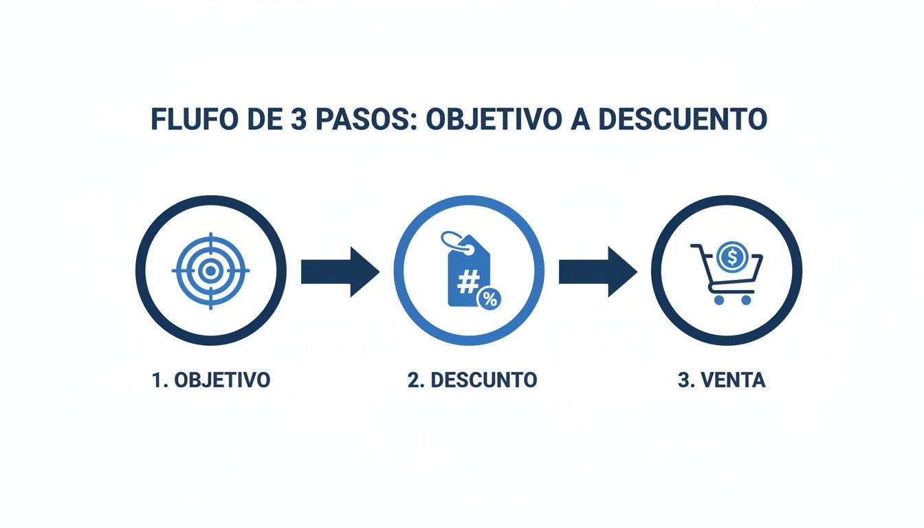 Diagrama de flujo que ilustra 3 pasos: objetivo, aplicación de descuento y venta final.