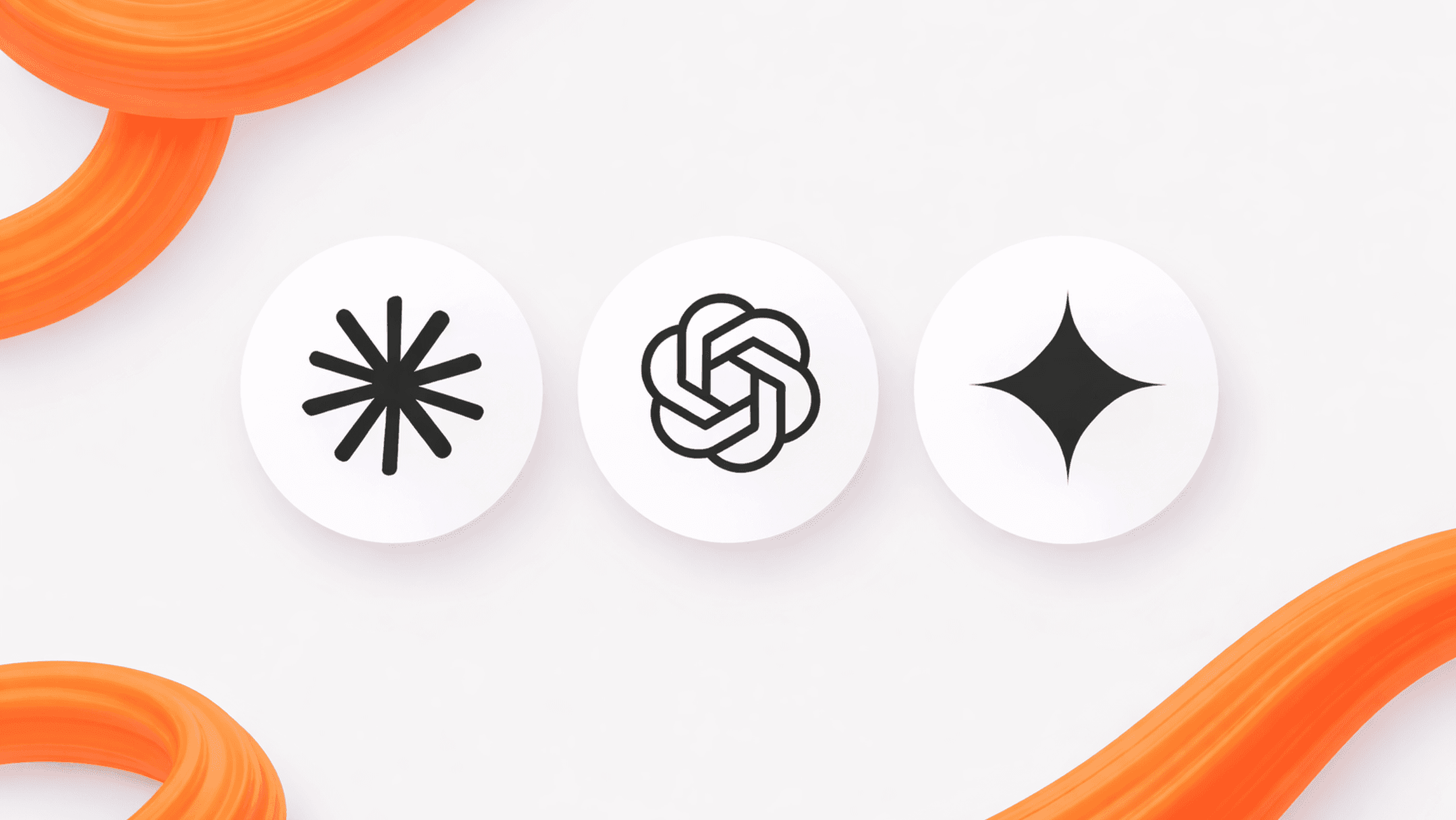 Logos of Claude, OpenAI, and Gemini inside circular icons, representing AI optimization in documentation, on a grey background with abstract orange shapes.