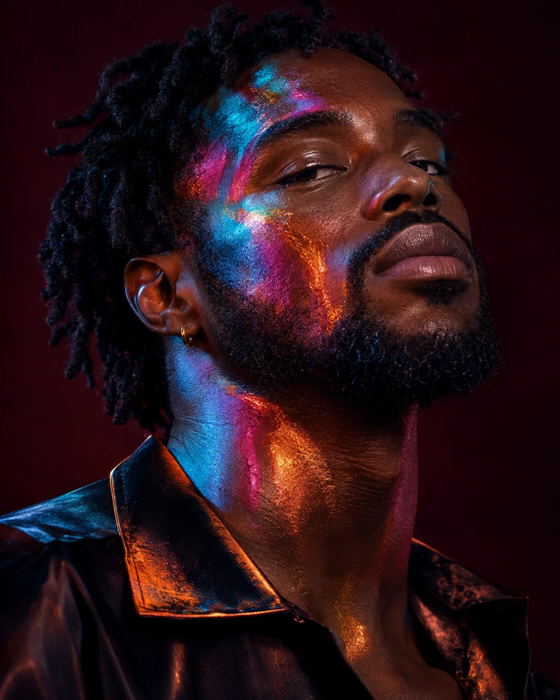 Male portrait with locs and luminous blue, magenta and orange pigment across the face and neck