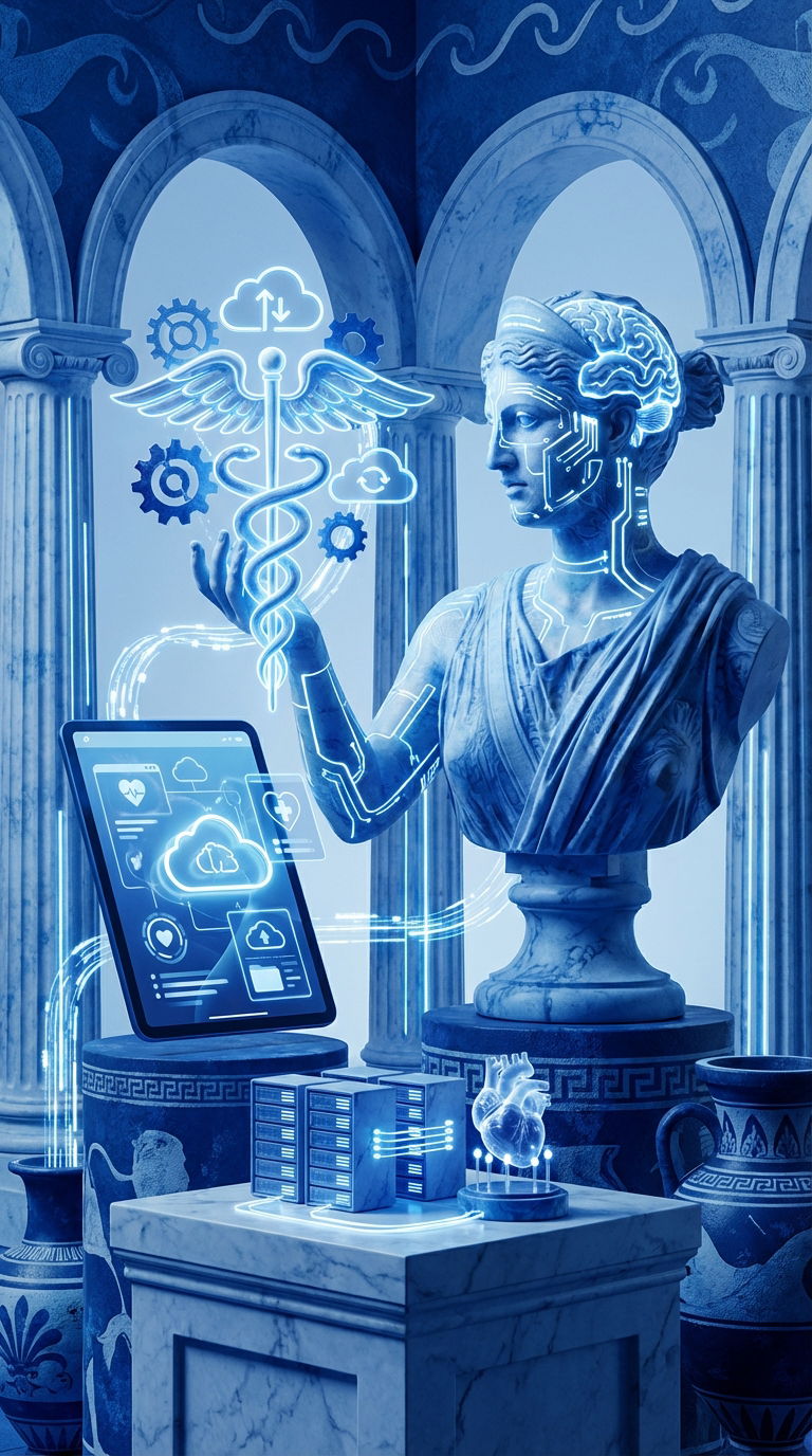 Conceptual visuals of AI, SaaS, and health‑tech innovation with Greek‑themed tones.