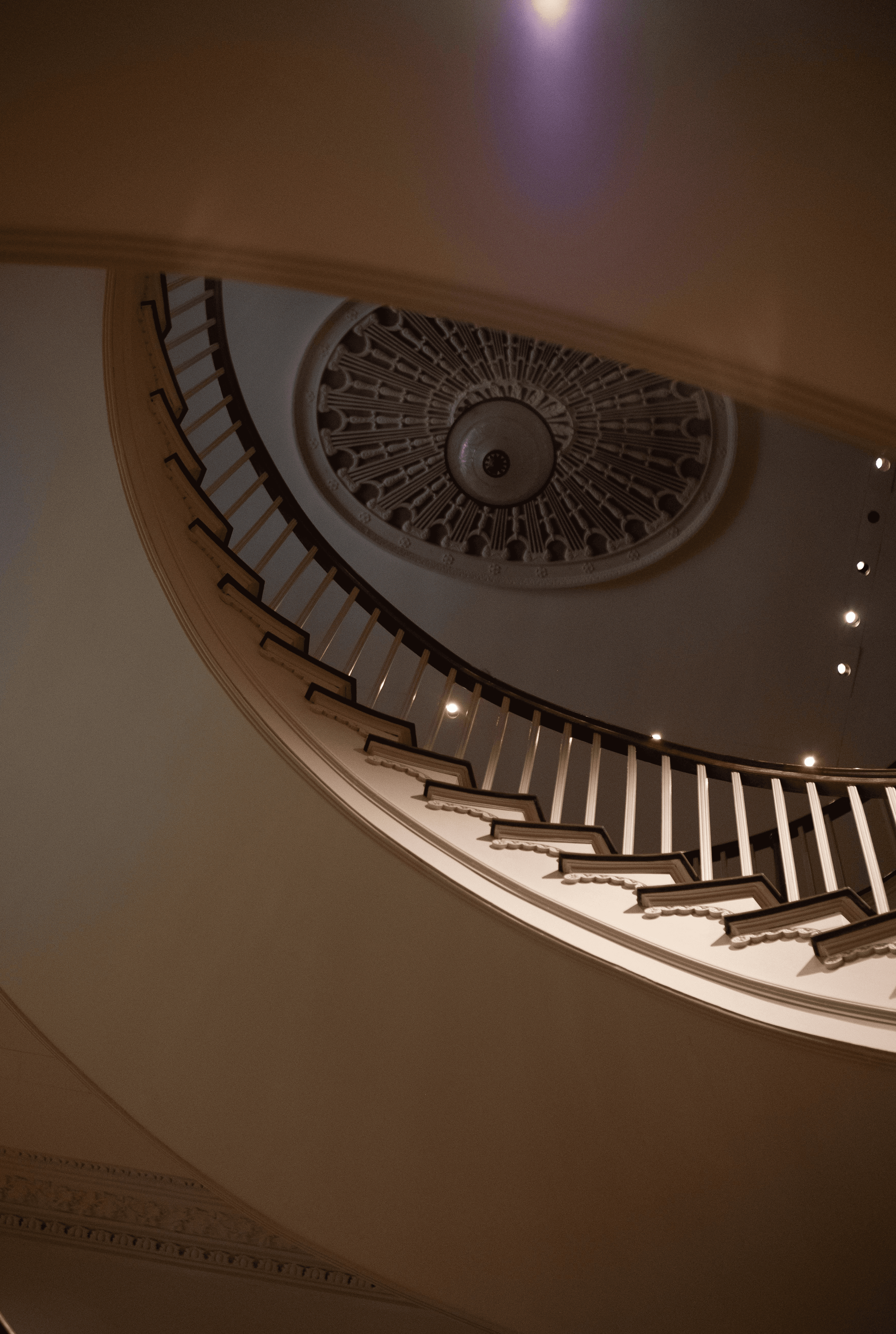 Elegant spiral staircase with ornate ceiling detail