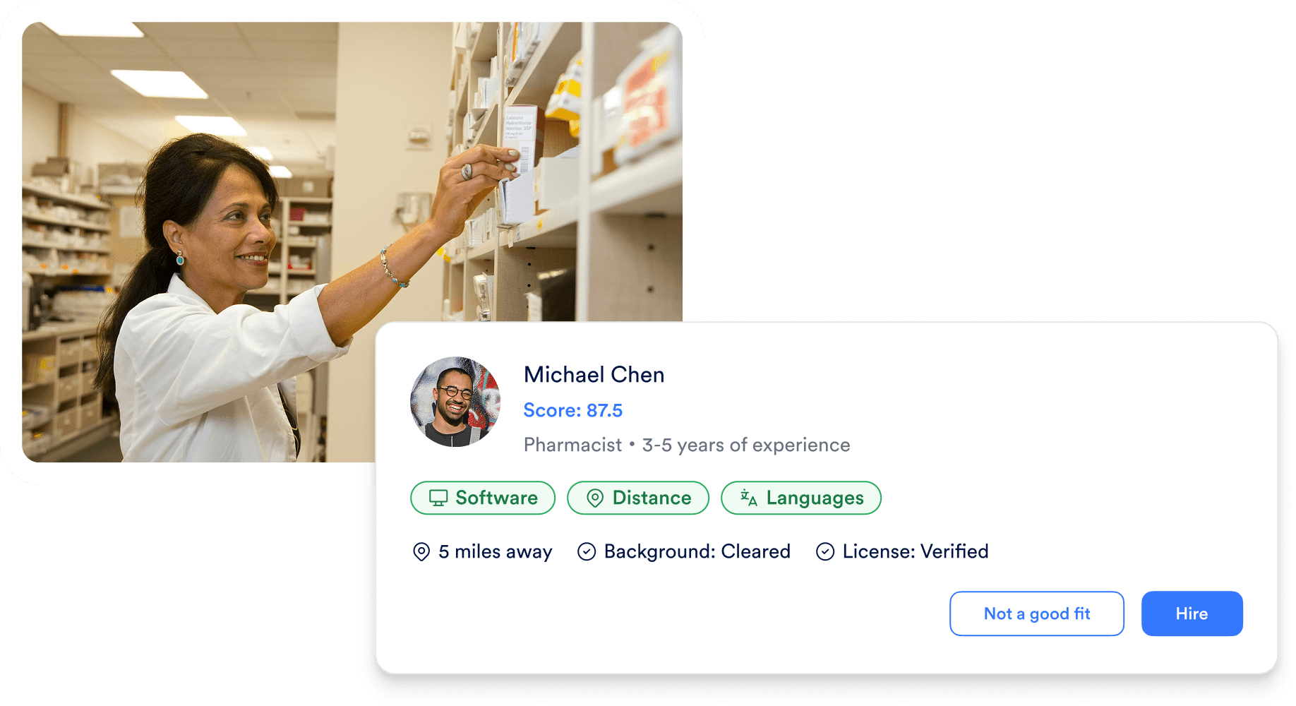 female pharmacist reaching for medication on shelf & applicant review card