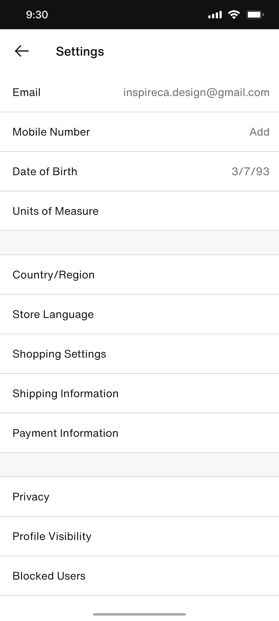 Nike App Setting Screen