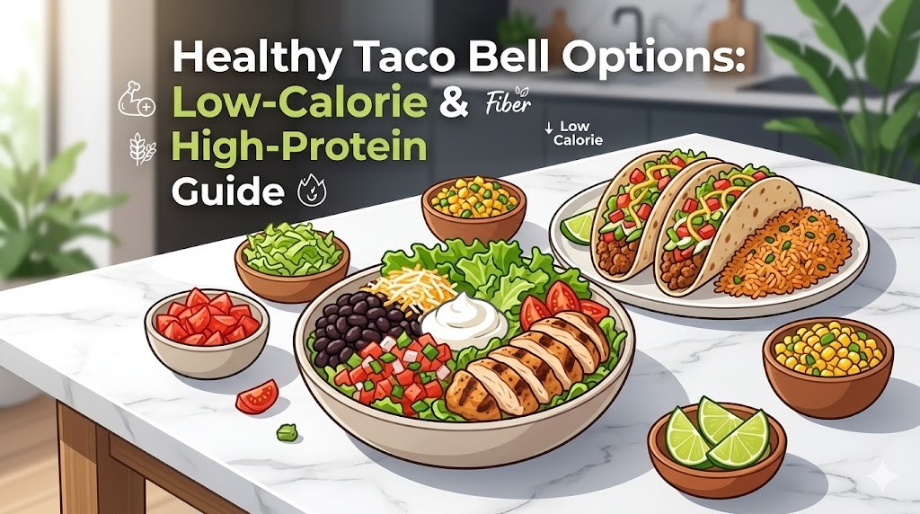 Vibrant infographic displaying Healthy Taco Bell Options: Low-Calorie & High-Protein Guide. Features a detailed protein chicken bowl, black beans, pico de gallo, lettuce, and two beef tacos on a clean marble table, illustrating a balanced fast-food meal.