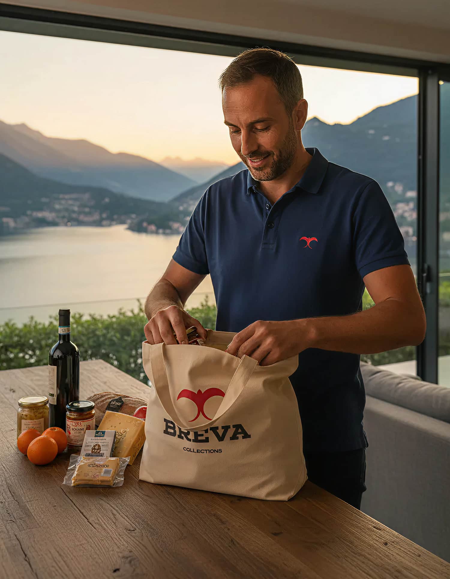 Kit di benvenuto con prodotti locali allestito in casa vacanza sul lago di como