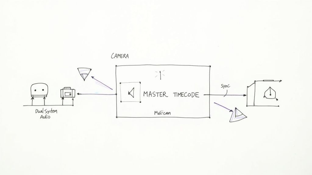 Diagram showing multicam setup with master timecode synchronization connecting dual system audio and camera