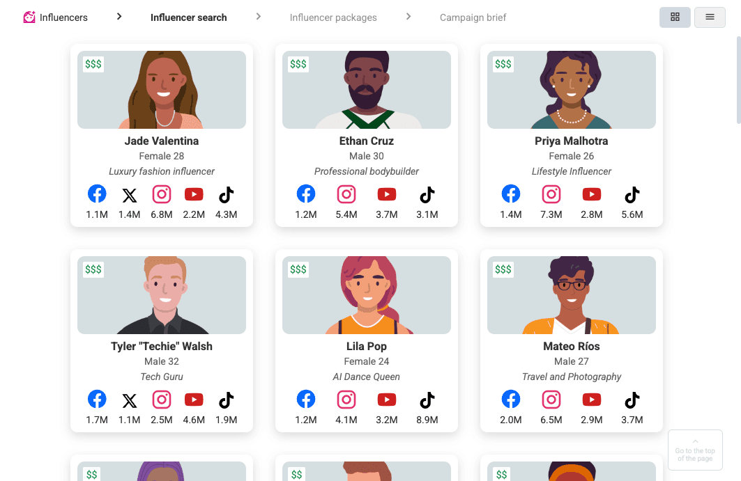 A screenshot from the Social Media Simternship showing the influencer selection interaction