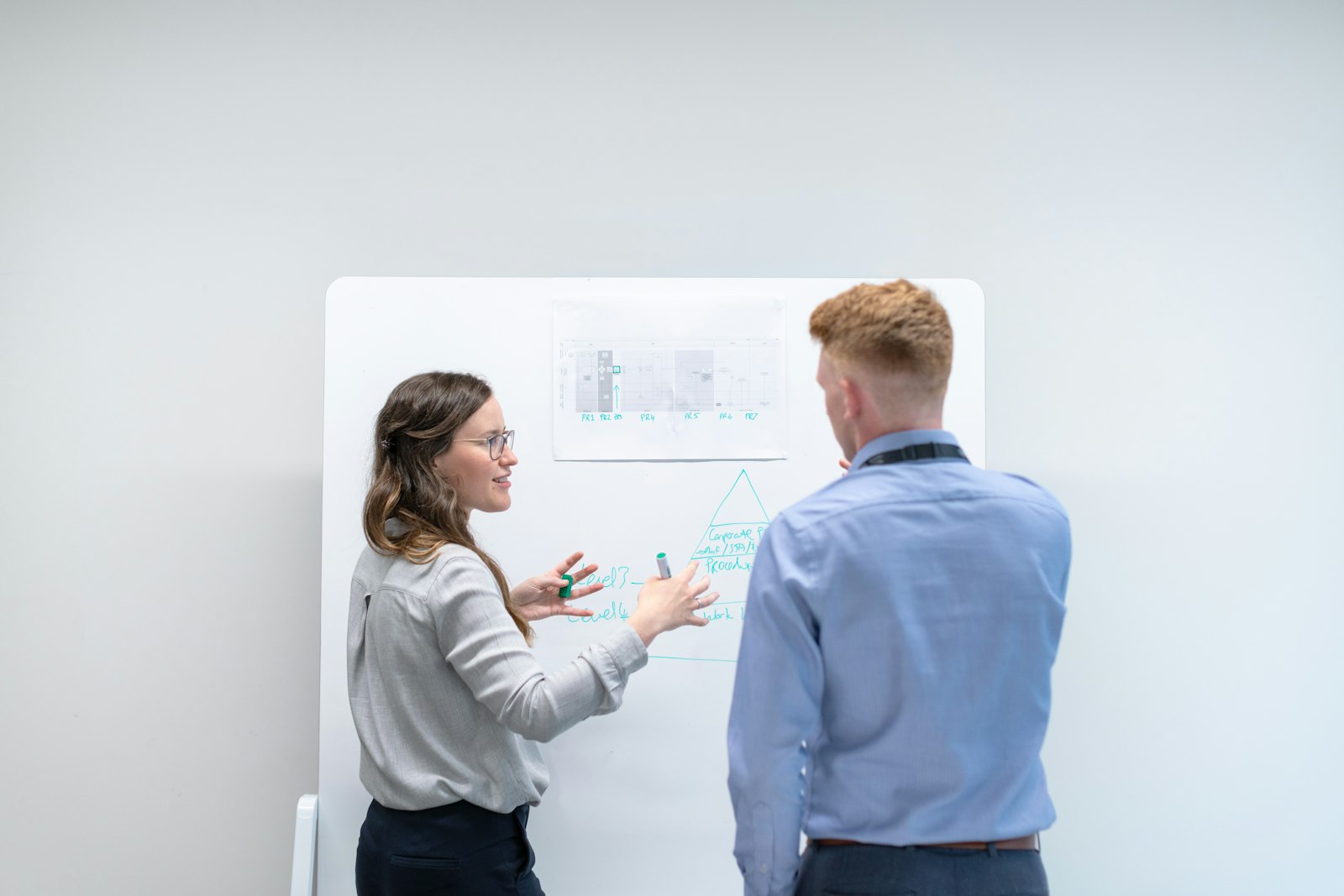 Two colleagues mapping out a plan on a whiteboard