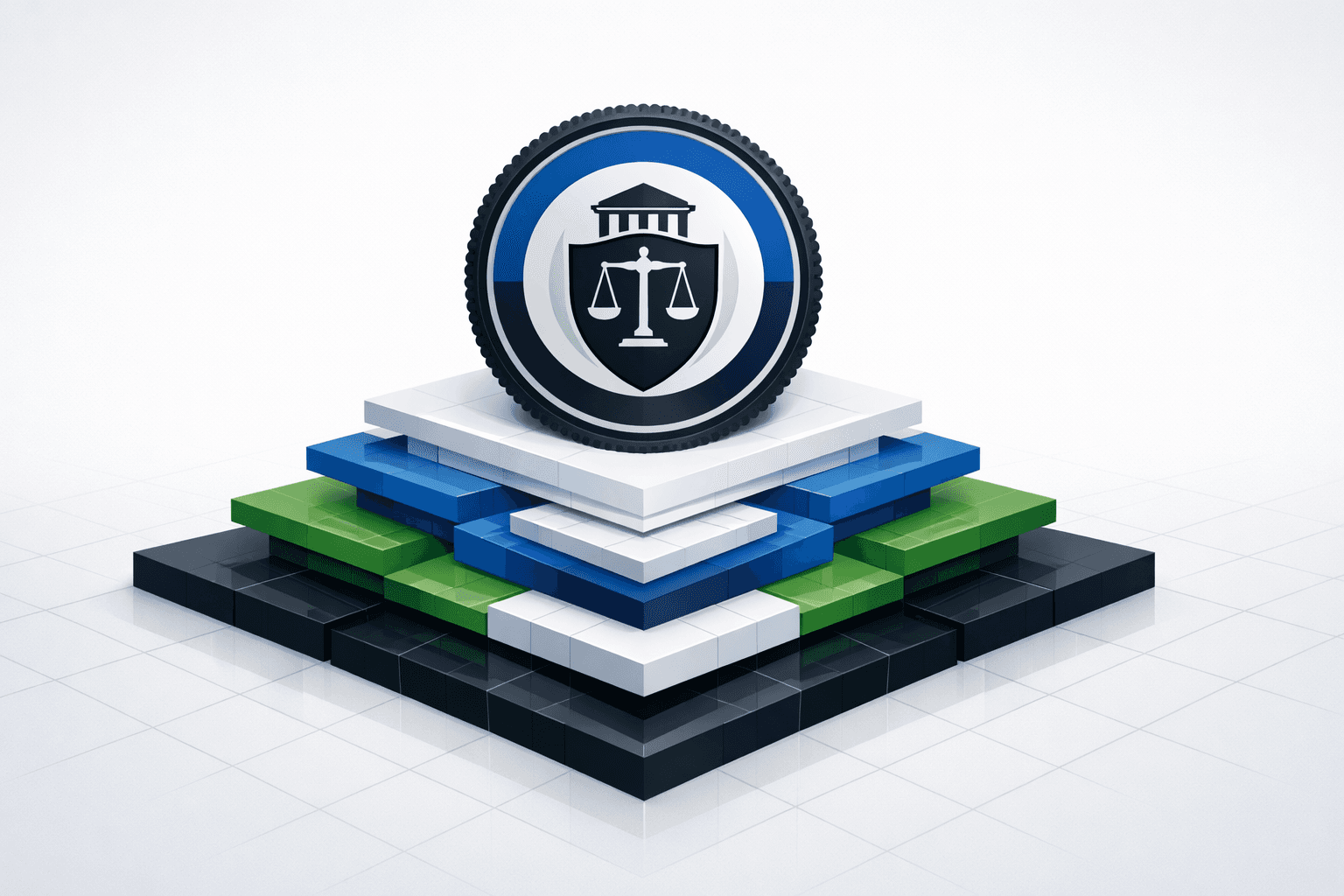 Symbole de gouvernance reposant sur des couches structurées, représentant la signature comme acte de responsabilité institutionnelle.
