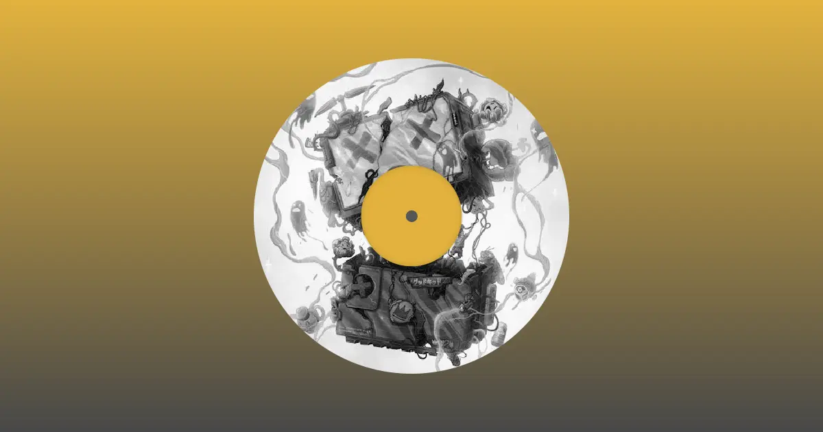 a hand holding an orange and black vinyl album