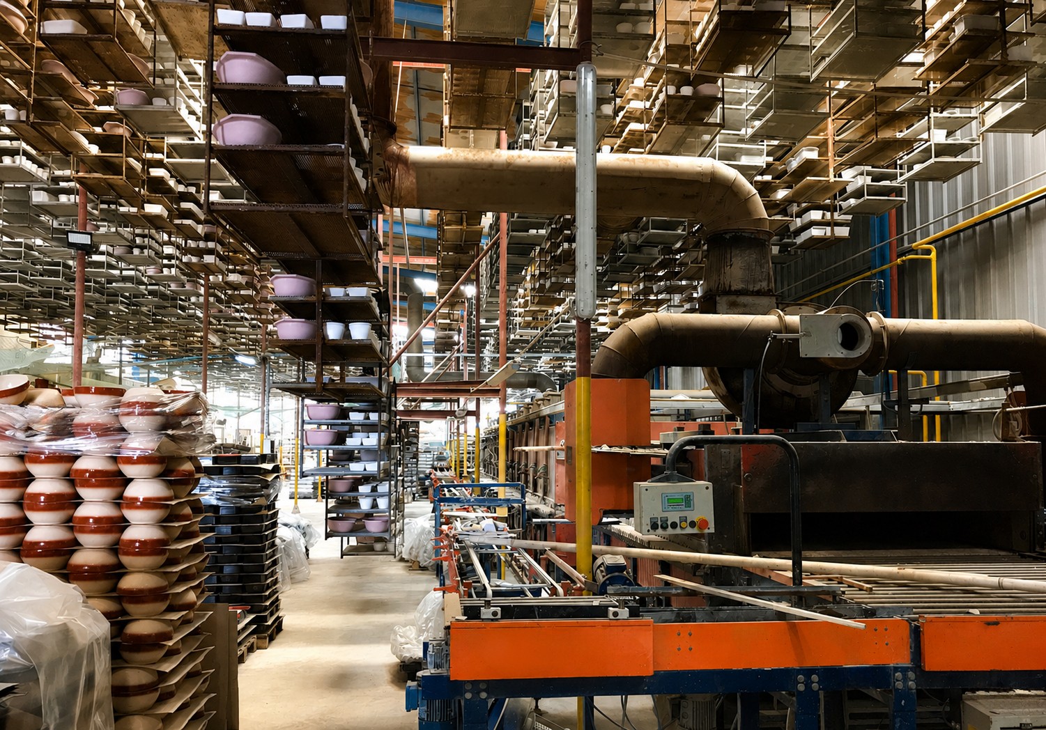 Intérieur d'une usine de céramique avec four tunnel industriel, étagères chargées de pièces colorées en cours de production