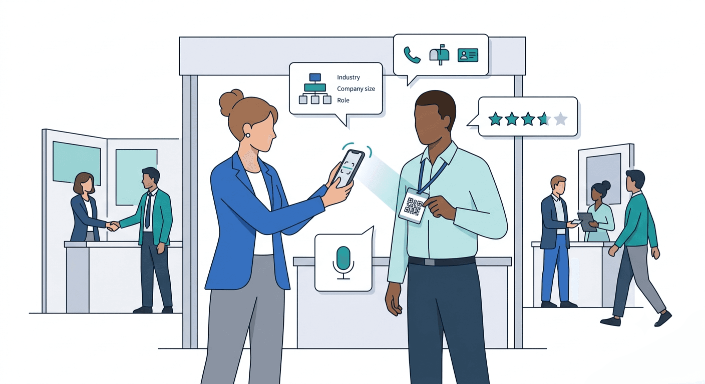 Exhibitor using a smartphone to scan a QR badge and qualify a trade show lead with notes and contact details at a booth.