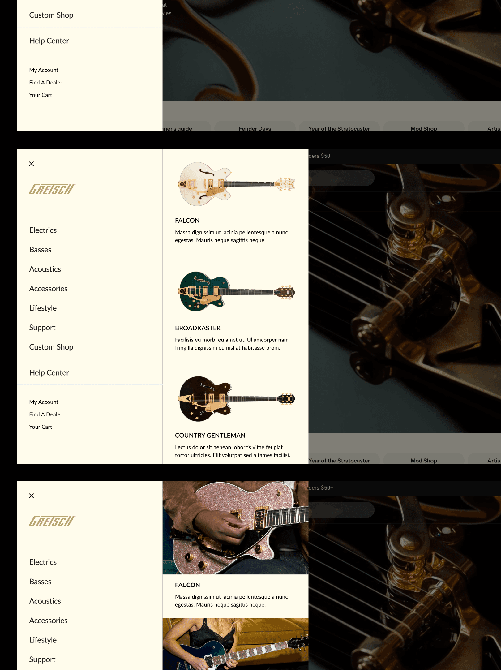 Three states of the Gretsch navigation menu, including collapsed and expanded flyout with featured guitar models.